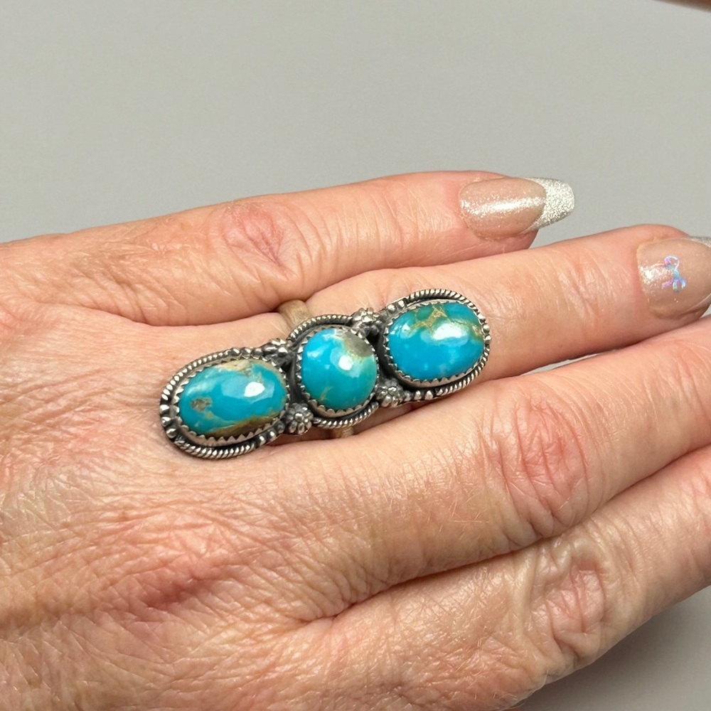 925 Sterling Silver Triple Kingman Turquoise Ring
